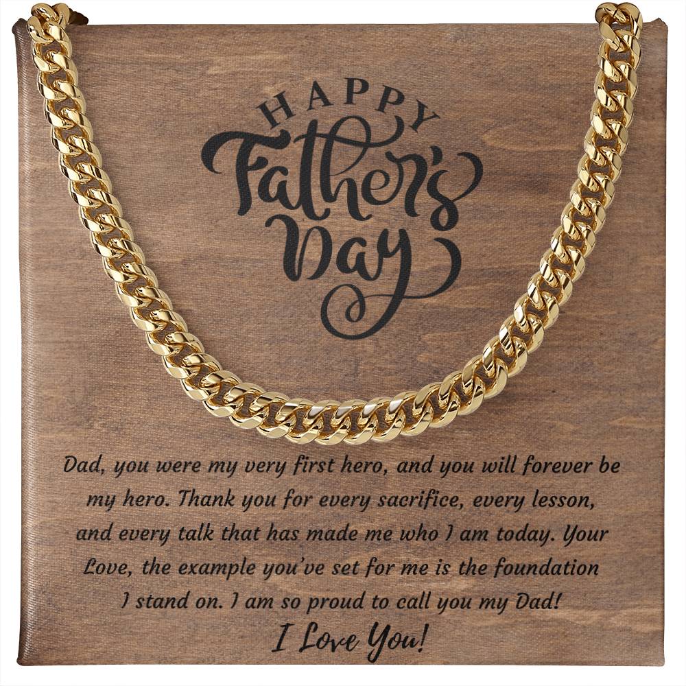 18K gold-plated Cuban link chain necklace gift set with Father's Day keepsake message card — meaningful jewelry gift for Dad
