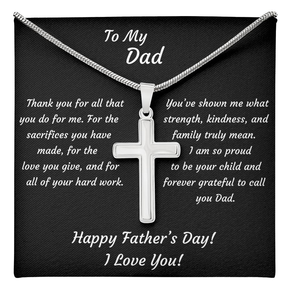 Stainless Steel cross pendant necklace with snake chain — Father's Day gift for Dad with heartfelt keepsake message card, meaningful religious jewelry gift