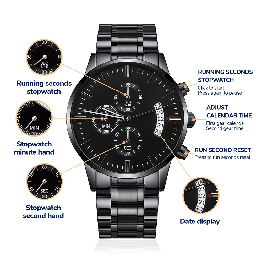Personalized Men's Watch | Engraved Black Chronograph Anniversary Gift for Husband