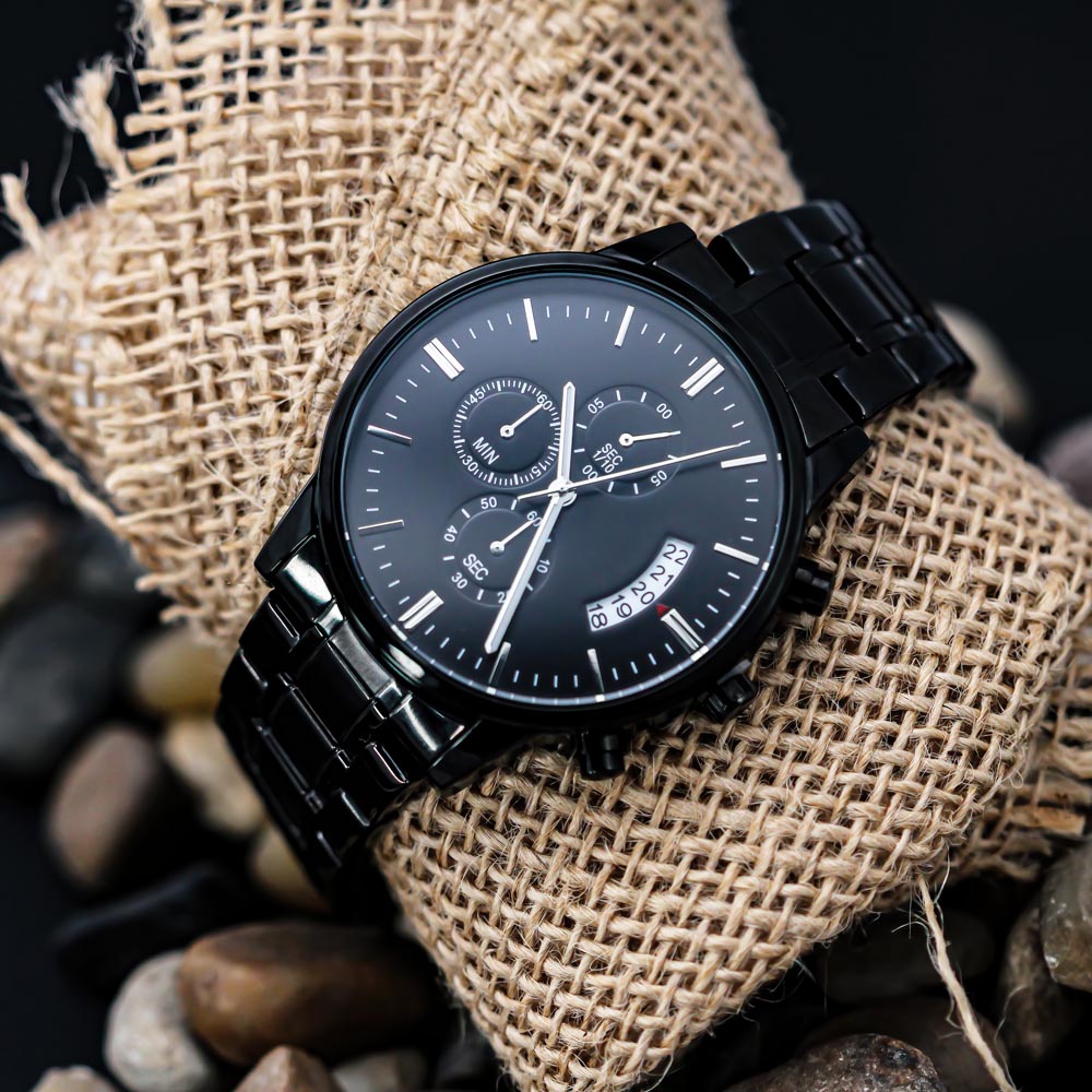 Personalized Men's Watch | Engraved Black Chronograph Anniversary Gift for Husband
