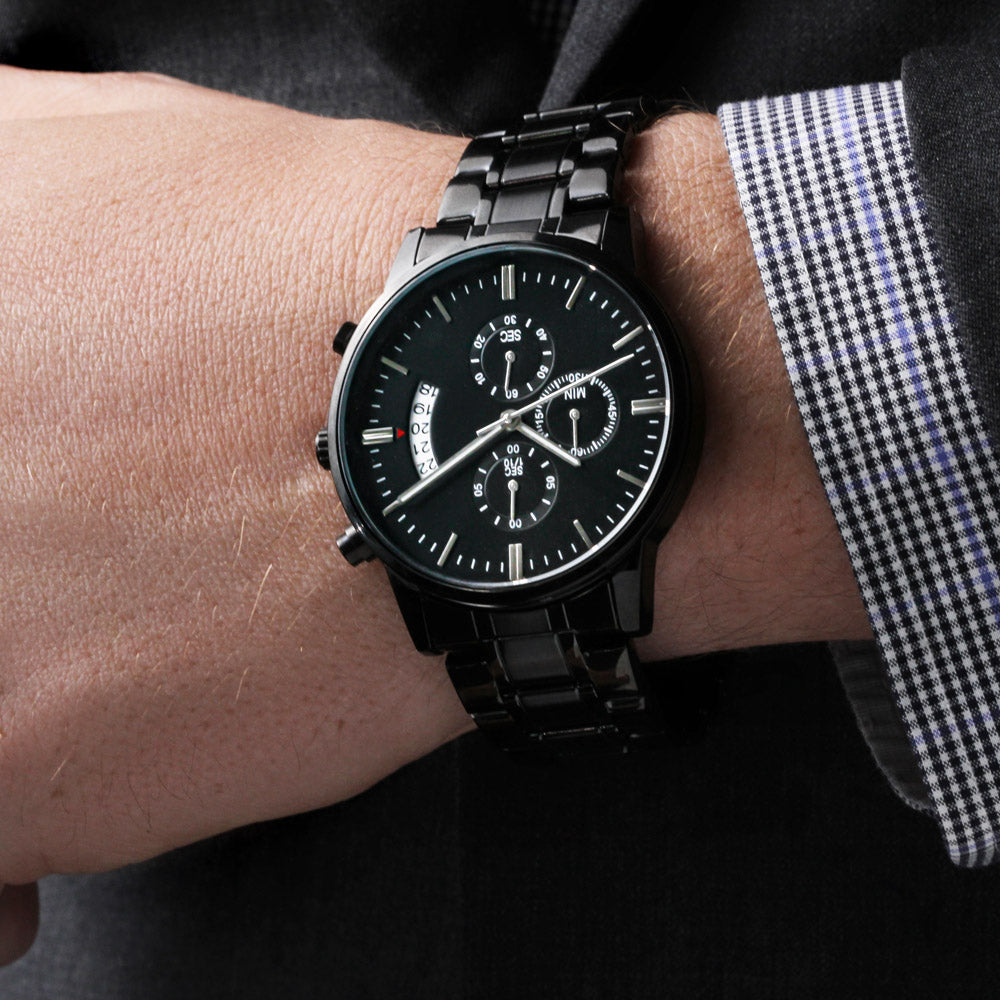 Personalized Men's Watch | Engraved Black Chronograph Anniversary Gift for Husband