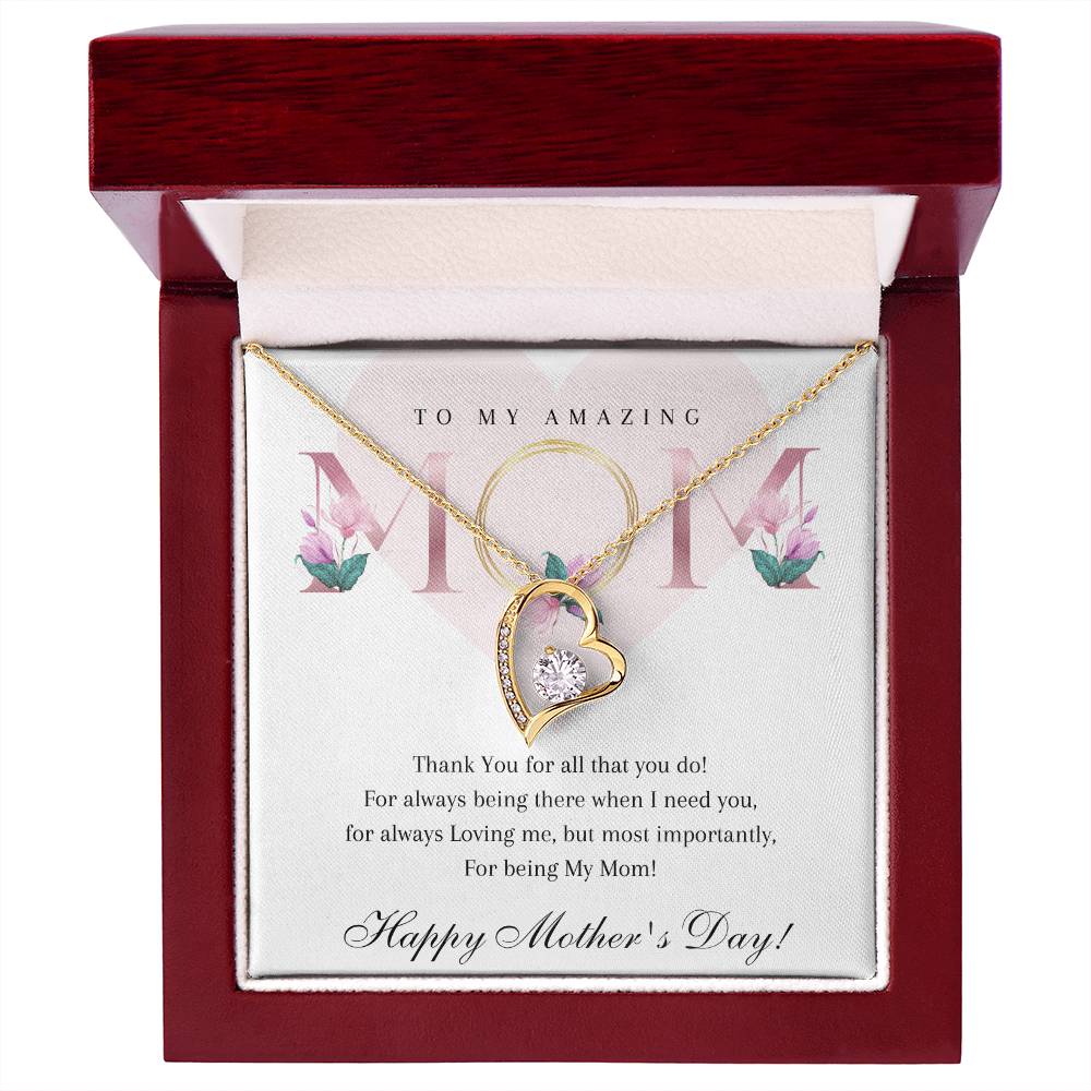 Happy Mothers Day To My Amazing Mom - 14k White or 18k Yellow Gold plated Heart Necklace with Cubic Zirconia Stone