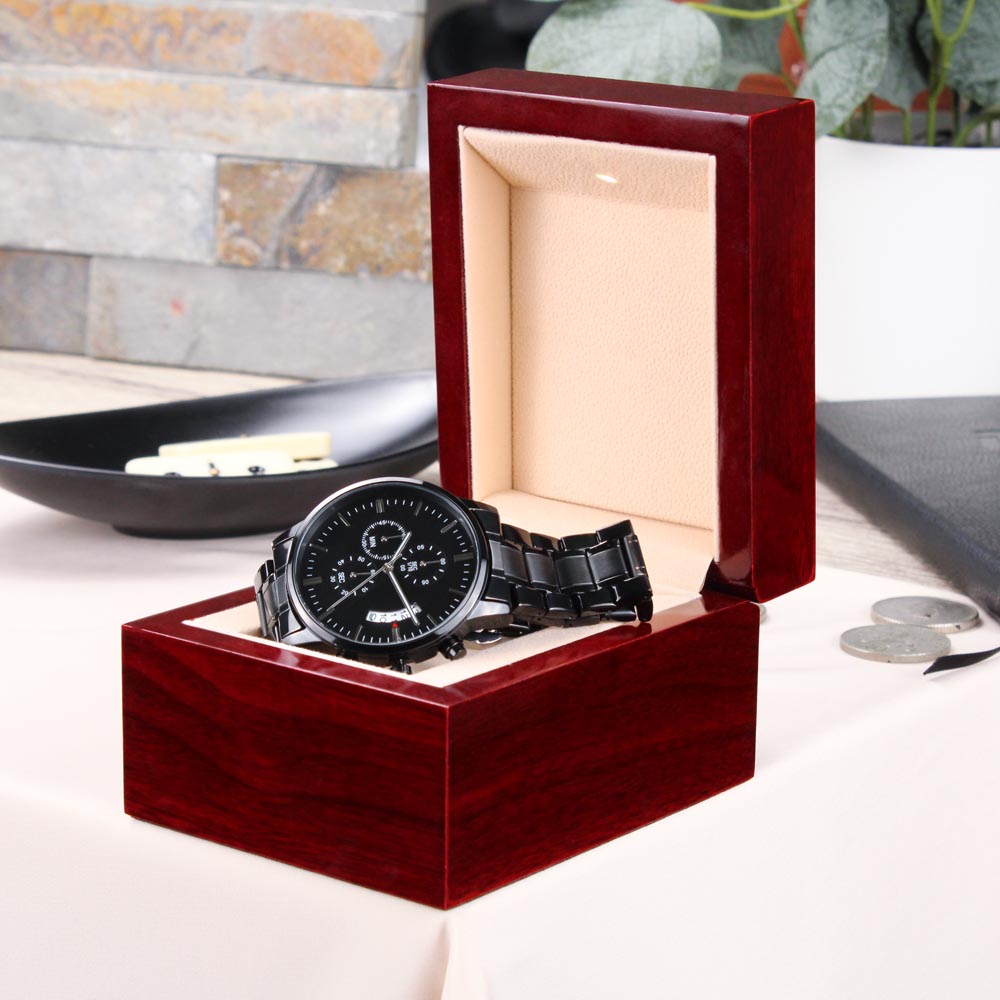 Personalized Men's Watch | Engraved Black Chronograph Anniversary Gift for Husband