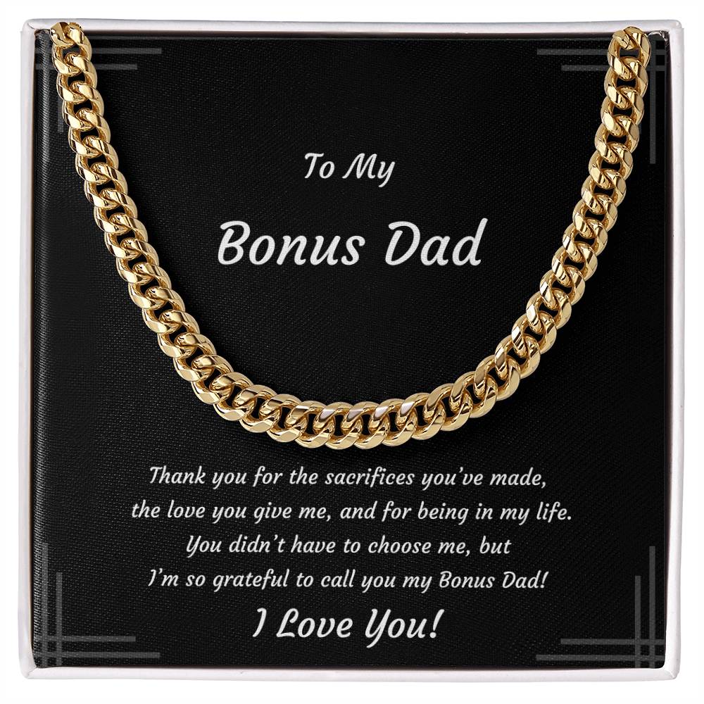 Bonus Dad, Stainless Steel or 14k Yellow Gold Plated Cuban Style Necklace, Soft-touch or Mahogany-style LED Box