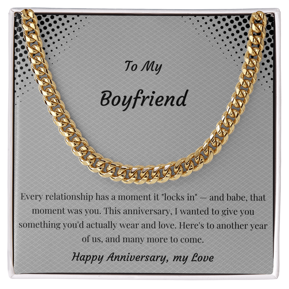 To My Boyfriend Cuban Link Chain Necklace | "Locked In" Anniversary Gift | Stainless Steel or 18K Gold