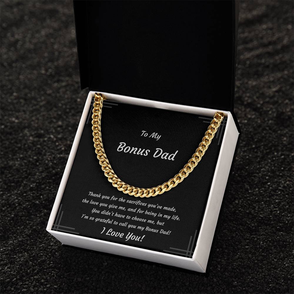 Bonus Dad, Stainless Steel or 14k Yellow Gold Plated Cuban Style Necklace, Soft-touch or Mahogany-style LED Box