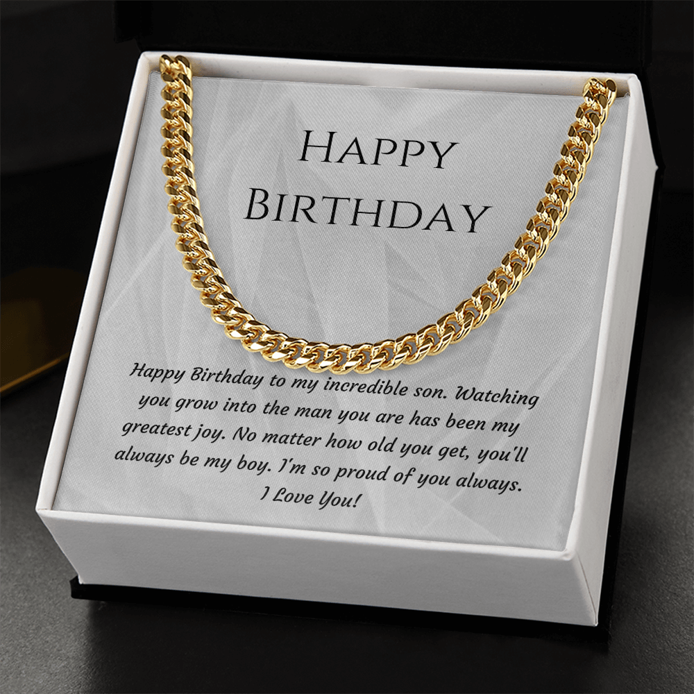 Happy Birthday Son Cuban Link Chain Necklace — Polished Stainless Steel or 18K Gold Plated | Birthday Gift for Son from Mom or Dad