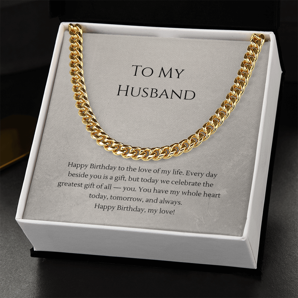 To My Husband Cuban Link Chain Necklace — Birthday Gift for Him | Polished Stainless Steel or 18K Gold Plated | Adjustable 18"–22"