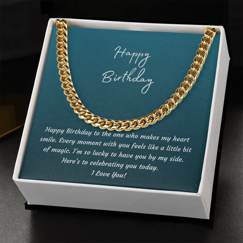 Happy Birthday Cuban Link Chain Necklace for Him | Men's Gift for Husband or Boyfriend | Polished Stainless Steel or 18K Gold
