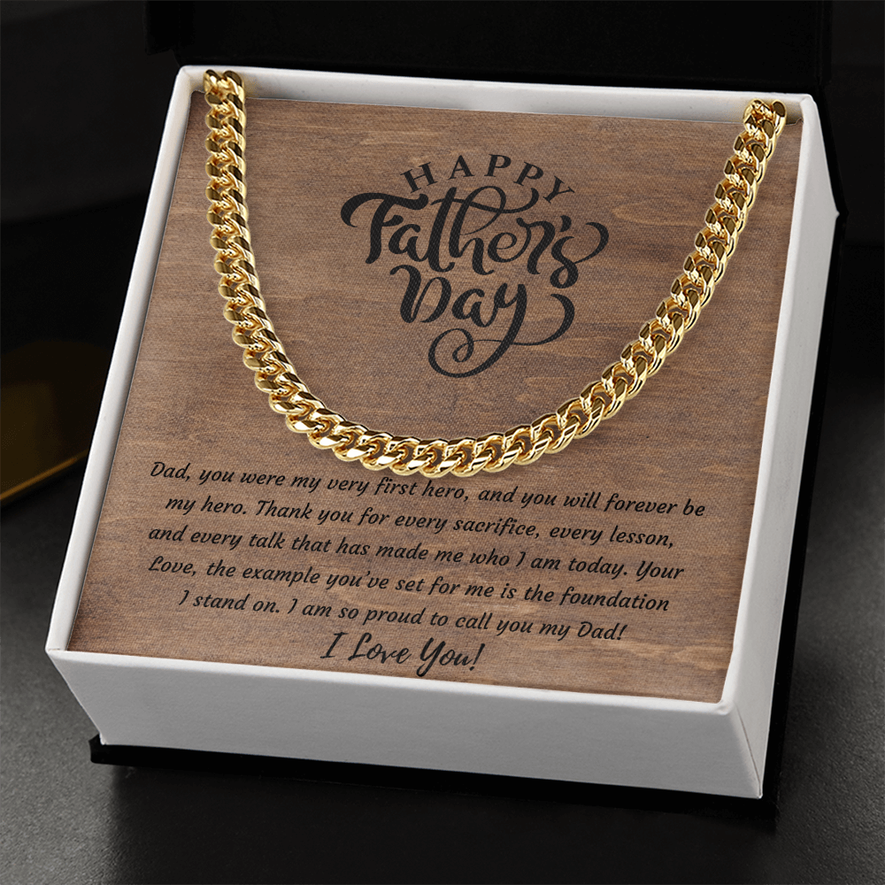 18K gold-plated Cuban link chain necklace in white luxury gift box — Father's Day jewelry gift for Dad with heartfelt message card