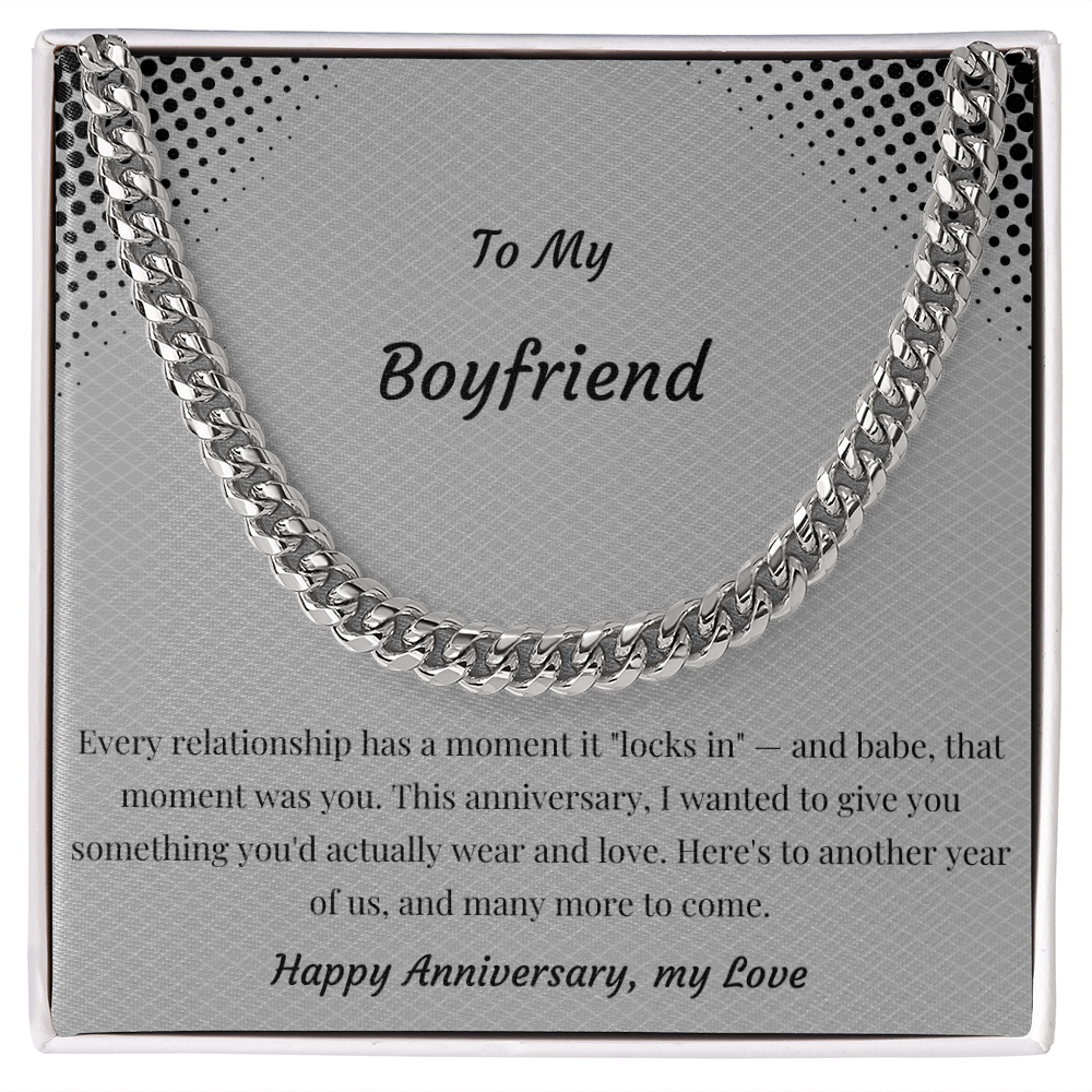 To My Boyfriend Cuban Link Chain Necklace | "Locked In" Anniversary Gift | Stainless Steel or 18K Gold