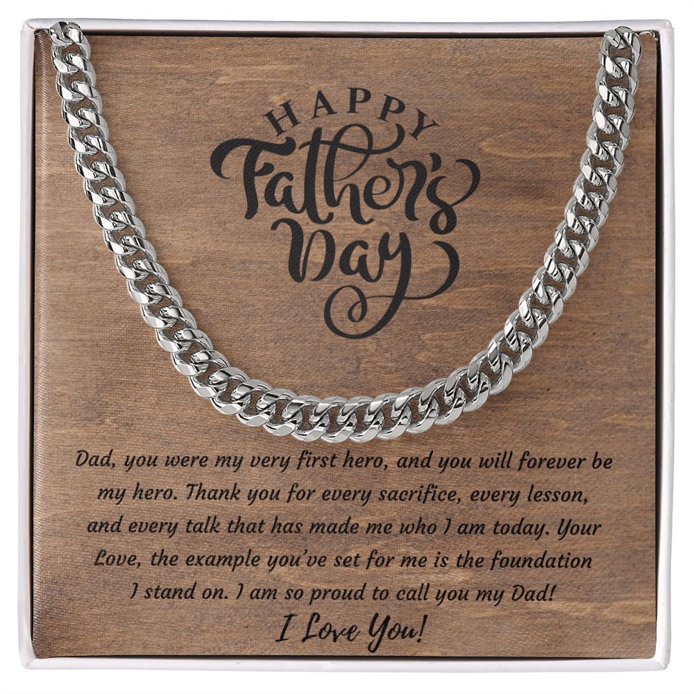 Stainless steel Cuban link chain necklace gift set with Father's Day keepsake message card — meaningful silver chain jewelry gift for Dad