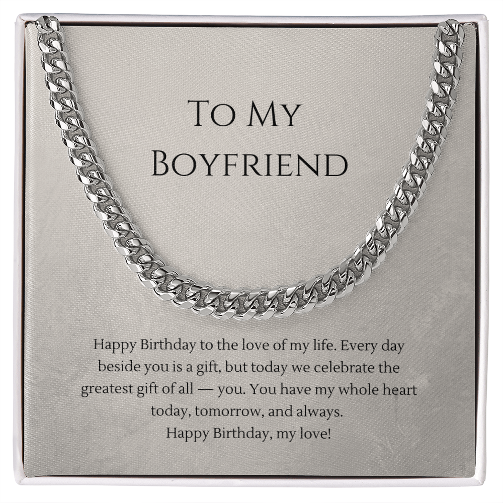 To My Boyfriend Cuban Link Chain Necklace — Birthday Gift for Him | Polished Stainless Steel or 18K Gold Plated | Adjustable 18"–22"