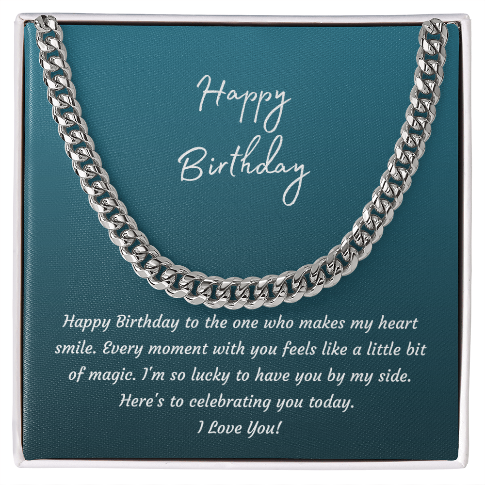 Happy Birthday Cuban Link Chain Necklace for Him | Men's Gift for Husband or Boyfriend | Polished Stainless Steel or 18K Gold