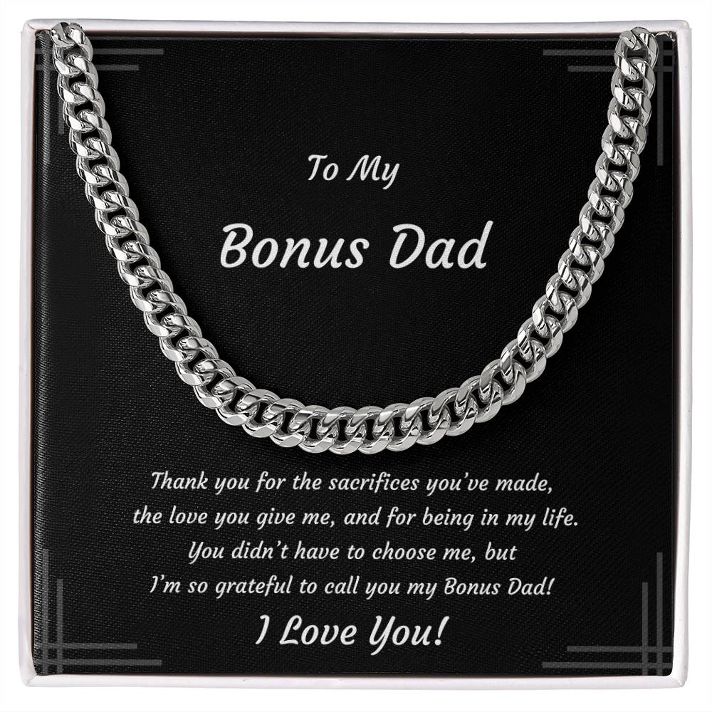 Bonus Dad, Stainless Steel or 14k Yellow Gold Plated Cuban Style Necklace, Soft-touch or Mahogany-style LED Box