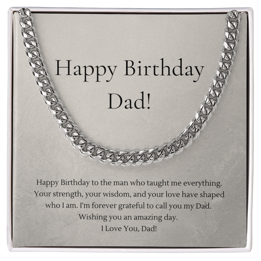 Happy Birthday Dad Cuban Link Chain Necklace | Polished Stainless Steel or 18K Gold Plated Gift for Dad | Adjustable 18"–22" Birthday Gift Box Included