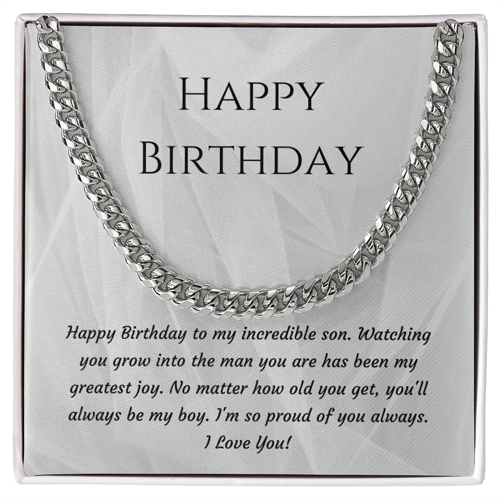 Happy Birthday Son Cuban Link Chain Necklace — Polished Stainless Steel or 18K Gold Plated | Birthday Gift for Son from Mom or Dad