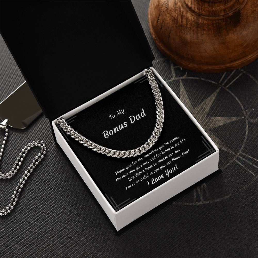 Bonus Dad, Stainless Steel or 14k Yellow Gold Plated Cuban Style Necklace, Soft-touch or Mahogany-style LED Box