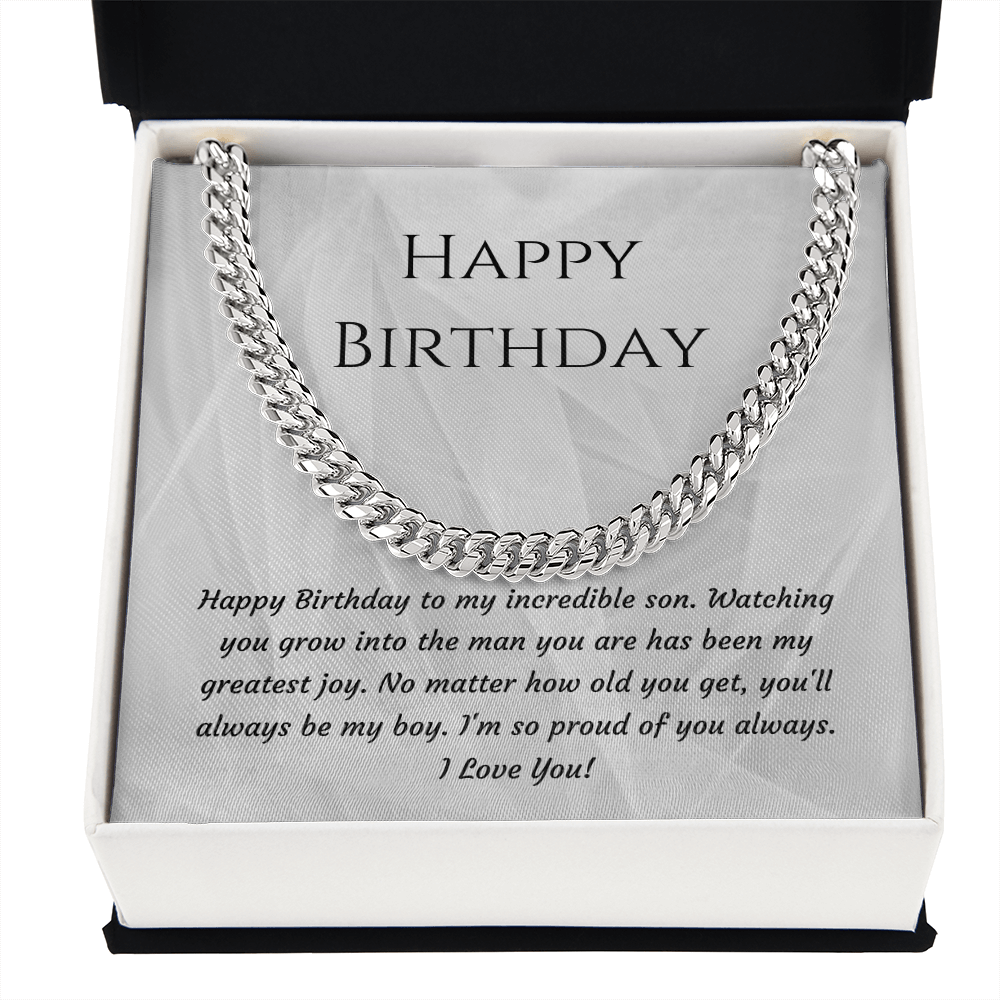 Happy Birthday Son Cuban Link Chain Necklace — Polished Stainless Steel or 18K Gold Plated | Birthday Gift for Son from Mom or Dad