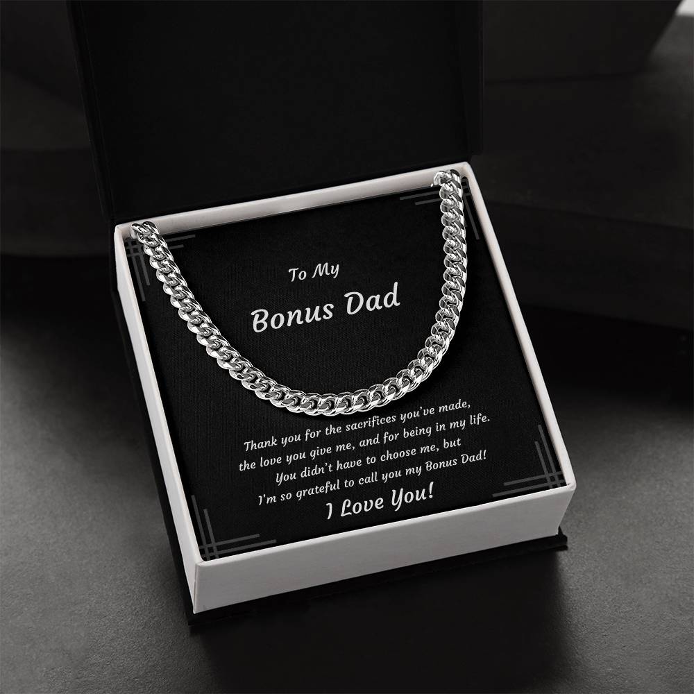 Bonus Dad, Stainless Steel or 14k Yellow Gold Plated Cuban Style Necklace, Soft-touch or Mahogany-style LED Box