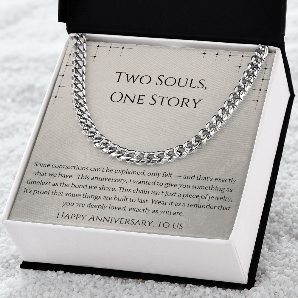 Two Souls, One Story Cuban Link Chain Necklace | Gender-Neutral Anniversary Gift | Stainless Steel or 18K Gold
