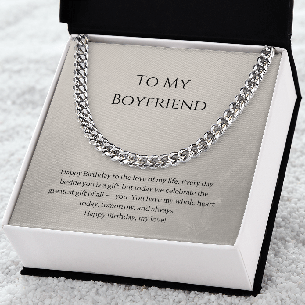 To My Boyfriend Cuban Link Chain Necklace — Birthday Gift for Him | Polished Stainless Steel or 18K Gold Plated | Adjustable 18"–22"