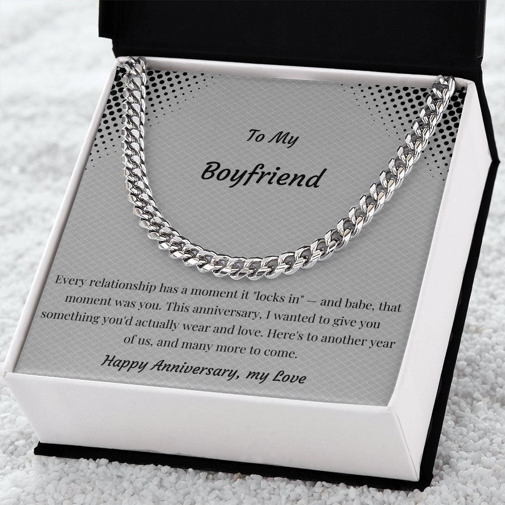 To My Boyfriend Cuban Link Chain Necklace | "Locked In" Anniversary Gift | Stainless Steel or 18K Gold