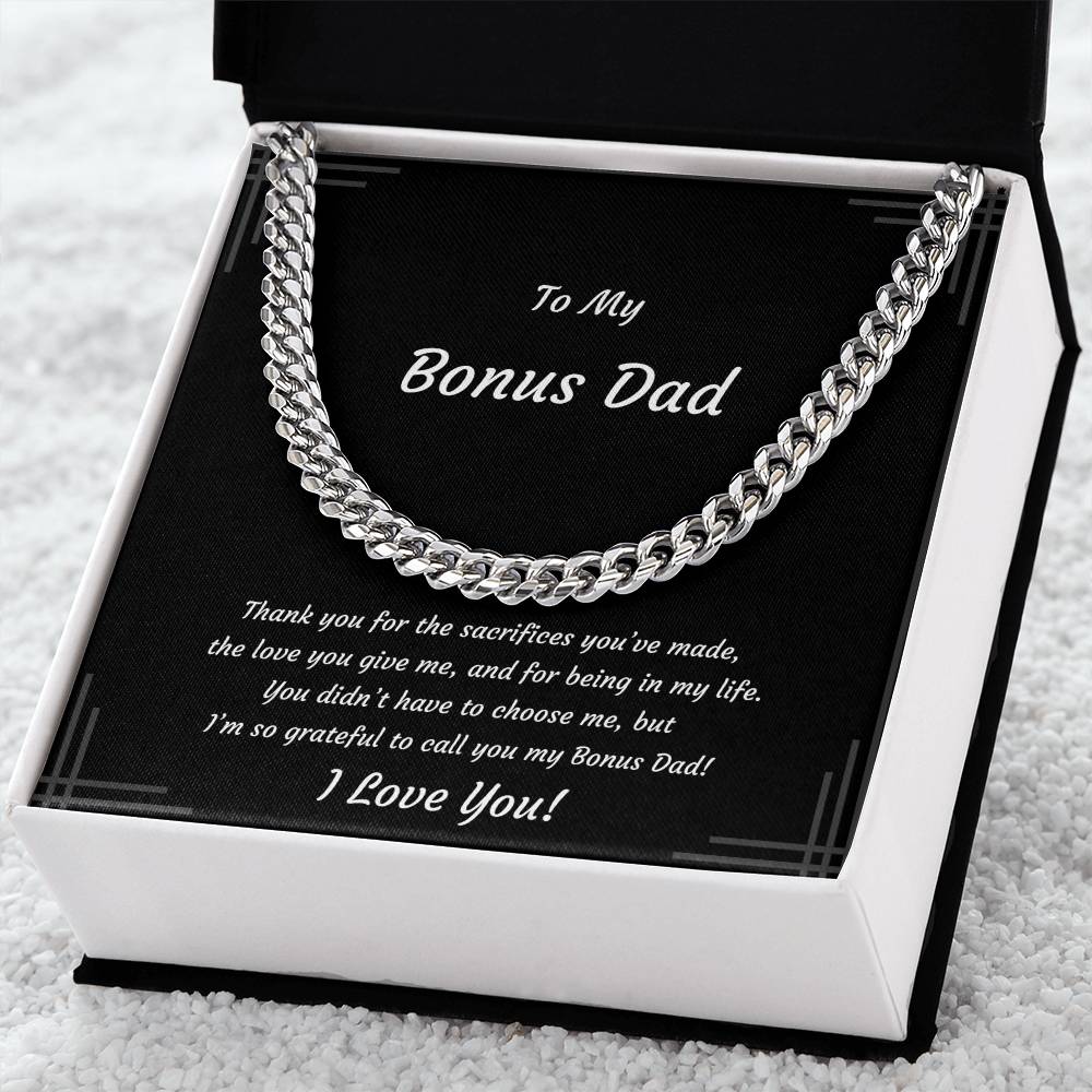 Bonus Dad, Stainless Steel or 14k Yellow Gold Plated Cuban Style Necklace, Soft-touch or Mahogany-style LED Box