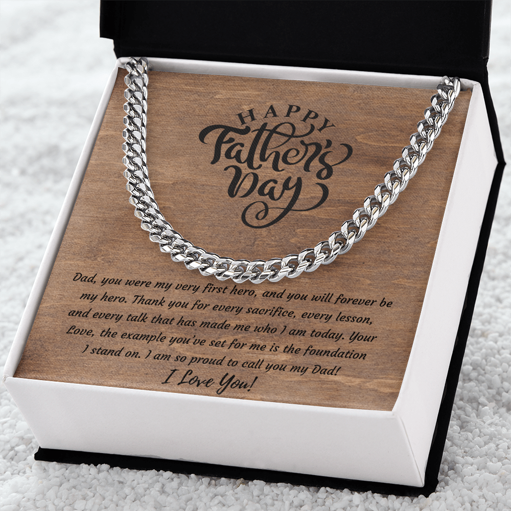 Stainless steel Cuban link chain necklace in white gift box — Father's Day jewelry gift for Dad with heartfelt message card