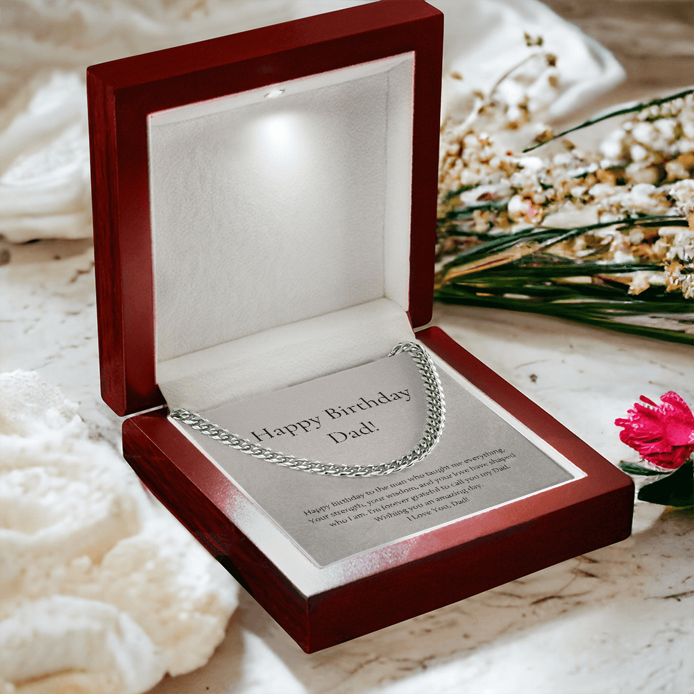 Happy Birthday Dad Cuban Link Chain Necklace | Polished Stainless Steel or 18K Gold Plated Gift for Dad | Adjustable 18"–22" Birthday Gift Box Included