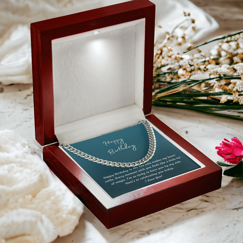 Happy Birthday Cuban Link Chain Necklace for Him | Men's Gift for Husband or Boyfriend | Polished Stainless Steel or 18K Gold
