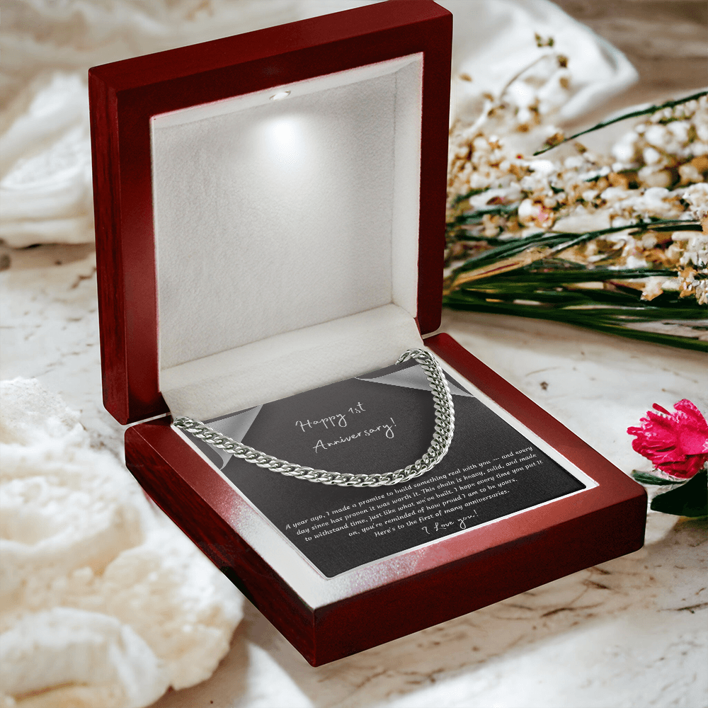 Happy 1st Anniversary Cuban Link Chain Necklace | One Year Anniversary Gift | Stainless Steel or 18K Gold