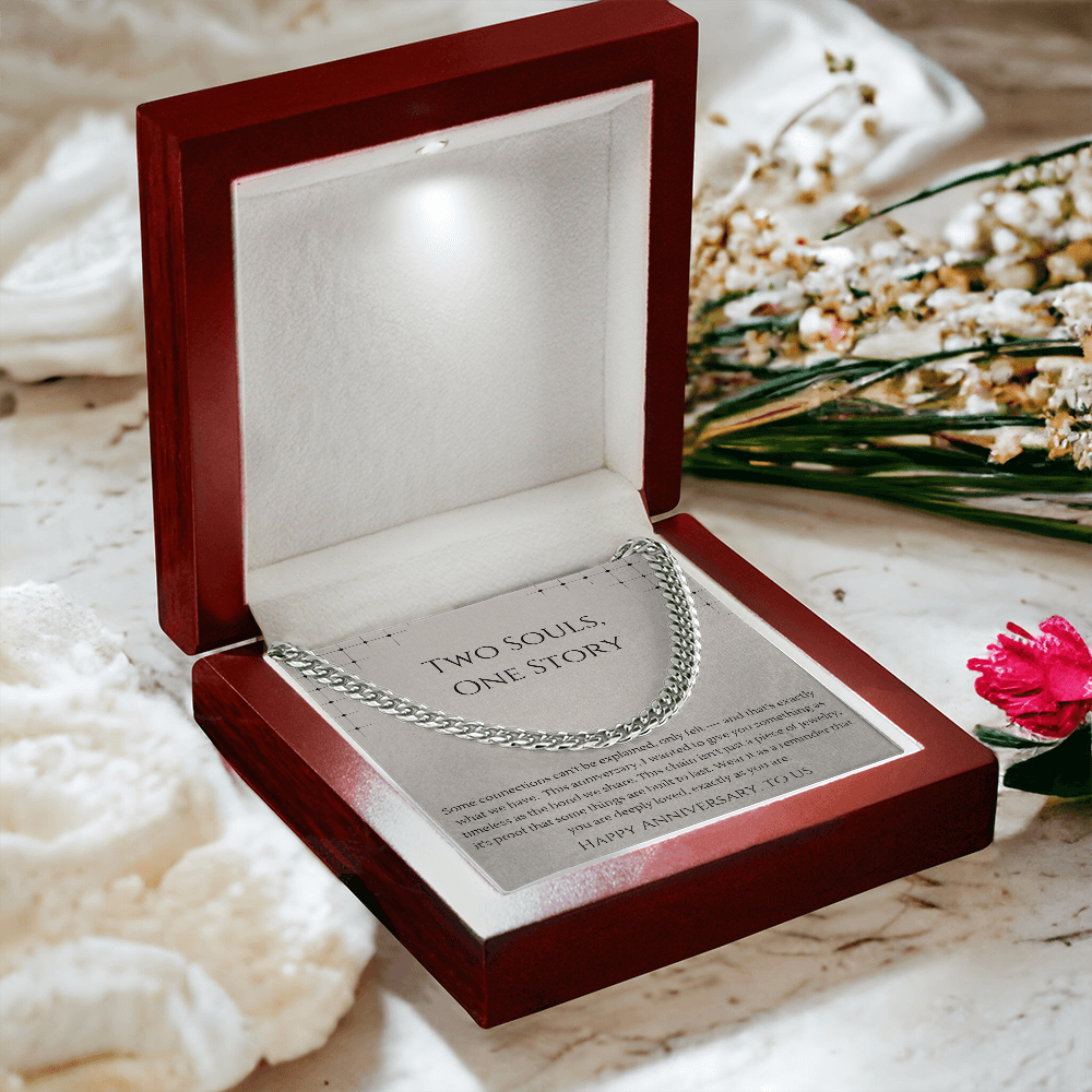 Two Souls, One Story Cuban Link Chain Necklace | Gender-Neutral Anniversary Gift | Stainless Steel or 18K Gold