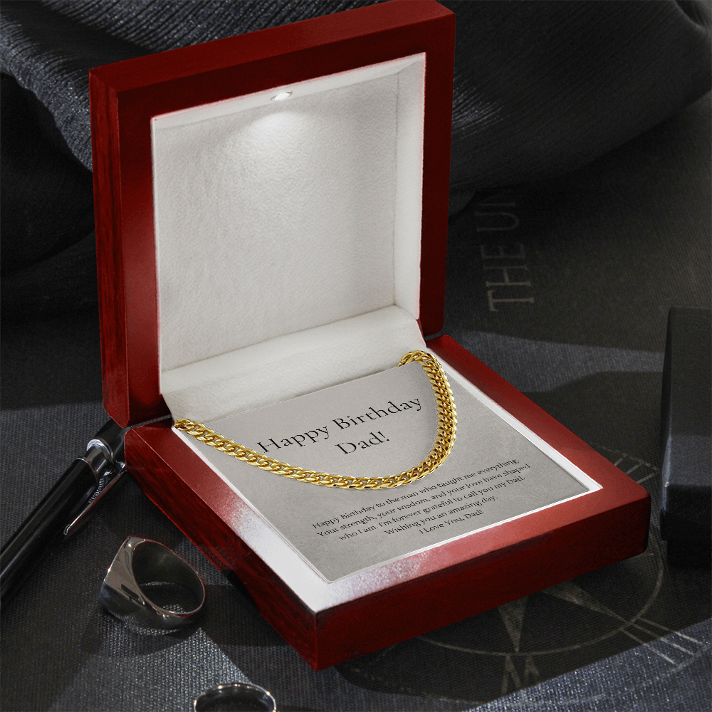 Happy Birthday Dad Cuban Link Chain Necklace | Polished Stainless Steel or 18K Gold Plated Gift for Dad | Adjustable 18"–22" Birthday Gift Box Included