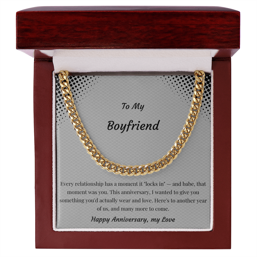 To My Boyfriend Cuban Link Chain Necklace | "Locked In" Anniversary Gift | Stainless Steel or 18K Gold