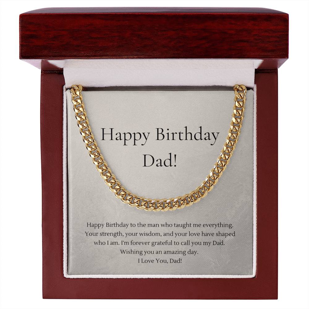 Happy Birthday Dad Cuban Link Chain Necklace | Polished Stainless Steel or 18K Gold Plated Gift for Dad | Adjustable 18"–22" Birthday Gift Box Included