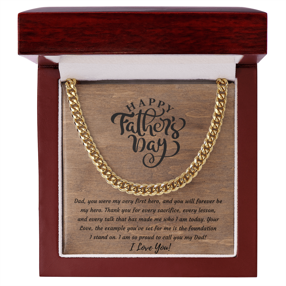 18K gold-plated Cuban link chain necklace in mahogany luxury gift box — Father's Day jewelry gift for Dad with heartfelt message card