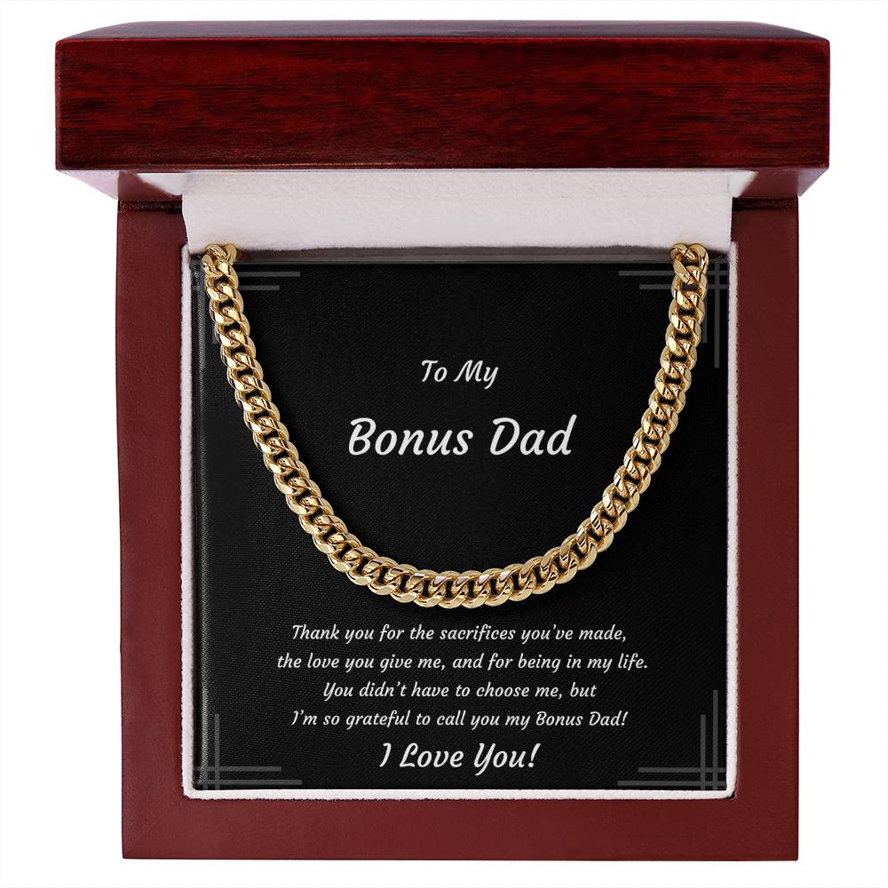 Bonus Dad, Stainless Steel or 14k Yellow Gold Plated Cuban Style Necklace, Soft-touch or Mahogany-style LED Box