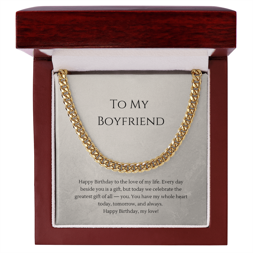 To My Boyfriend Cuban Link Chain Necklace — Birthday Gift for Him | Polished Stainless Steel or 18K Gold Plated | Adjustable 18"–22"