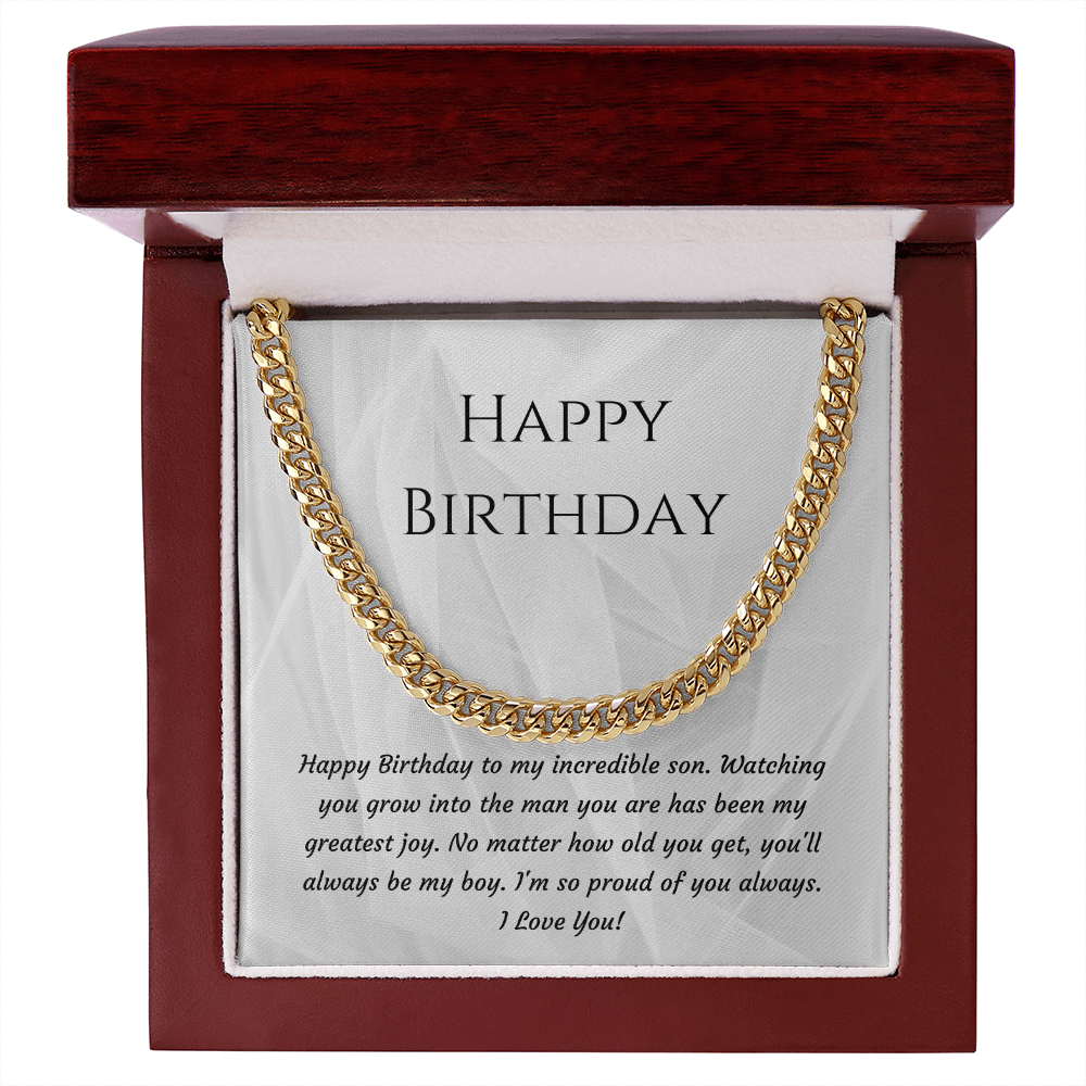 Happy Birthday Son Cuban Link Chain Necklace — Polished Stainless Steel or 18K Gold Plated | Birthday Gift for Son from Mom or Dad