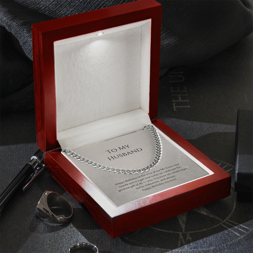 To My Husband Cuban Link Chain Necklace — Birthday Gift for Him | Polished Stainless Steel or 18K Gold Plated | Adjustable 18"–22"