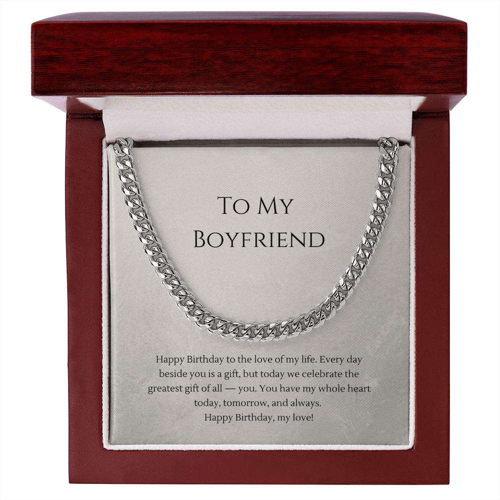 To My Boyfriend Cuban Link Chain Necklace — Birthday Gift for Him | Polished Stainless Steel or 18K Gold Plated | Adjustable 18"–22"