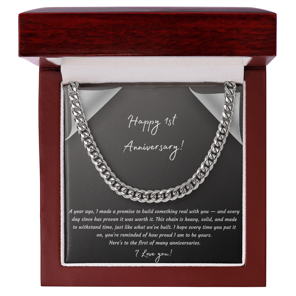Happy 1st Anniversary Cuban Link Chain Necklace | One Year Anniversary Gift | Stainless Steel or 18K Gold