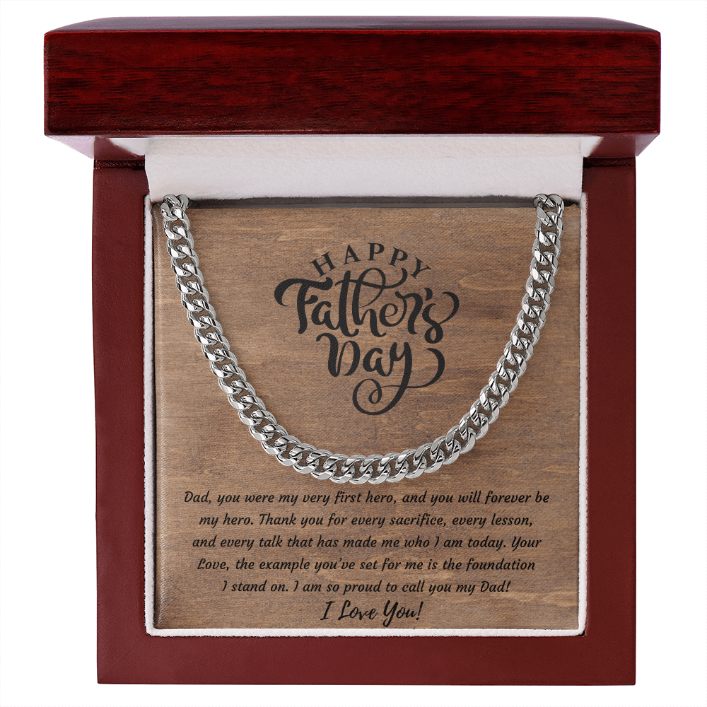 Stainless steel Cuban link chain necklace in mahogany luxury gift box — Father's Day jewelry gift for Dad with heartfelt message card