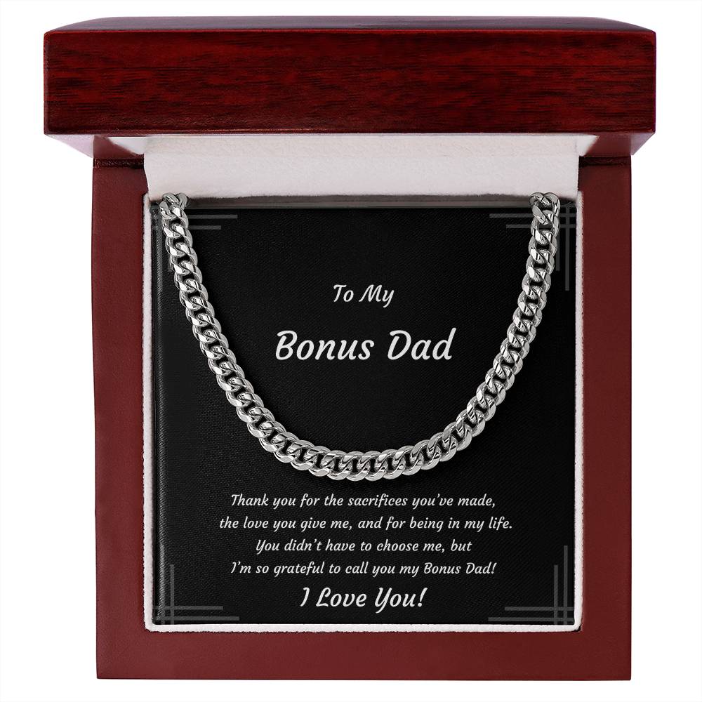 Bonus Dad, Stainless Steel or 14k Yellow Gold Plated Cuban Style Necklace, Soft-touch or Mahogany-style LED Box