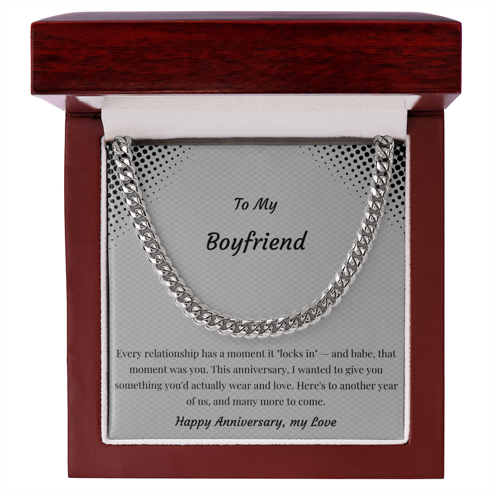 To My Boyfriend Cuban Link Chain Necklace | "Locked In" Anniversary Gift | Stainless Steel or 18K Gold