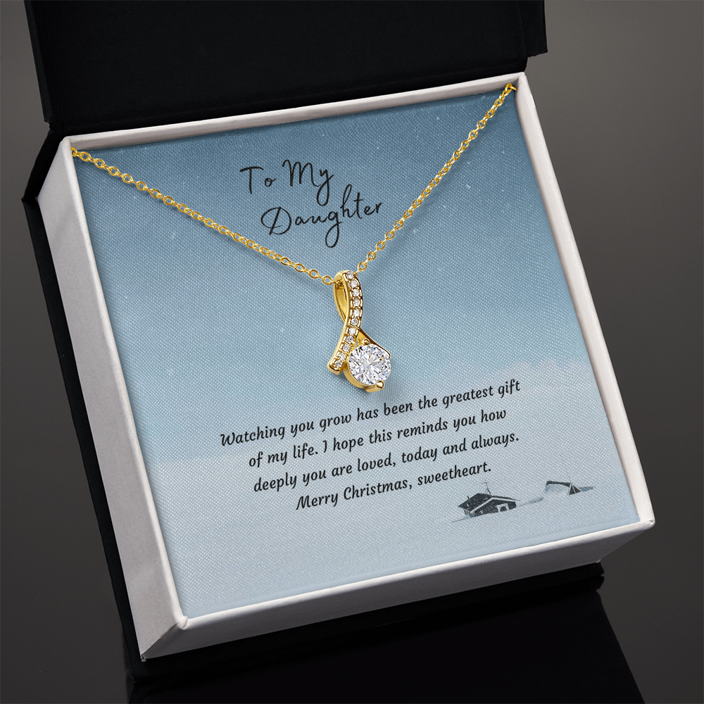 Alluring Beauty Necklace, 14K White Gold or 18K Yellow Gold Finish, Christmas Gift for Daughter - Ribbon Pendant
