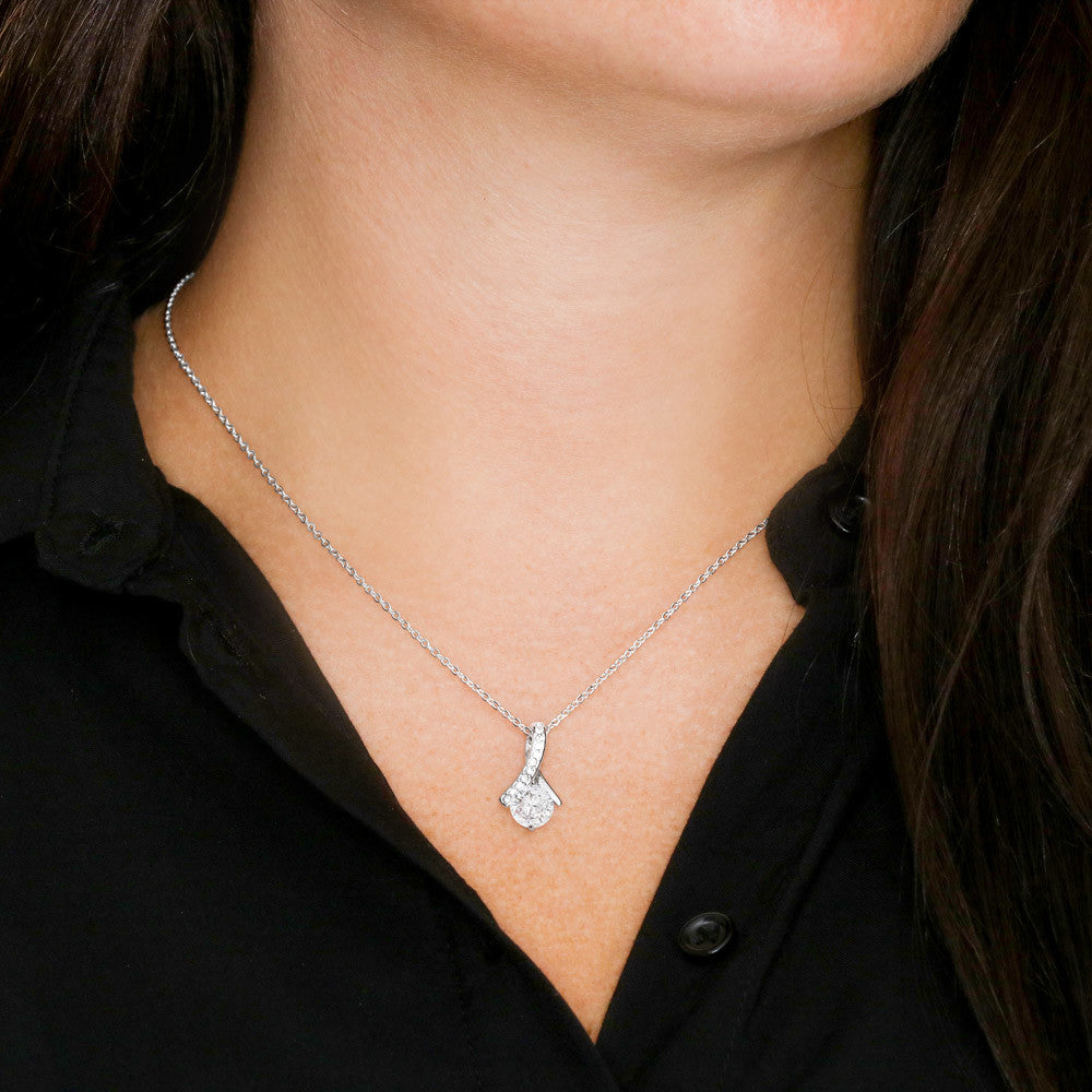Alluring Beauty Necklace, 14K White Gold or 18K Yellow Gold Finish, Christmas Gift for Daughter - Ribbon Pendant