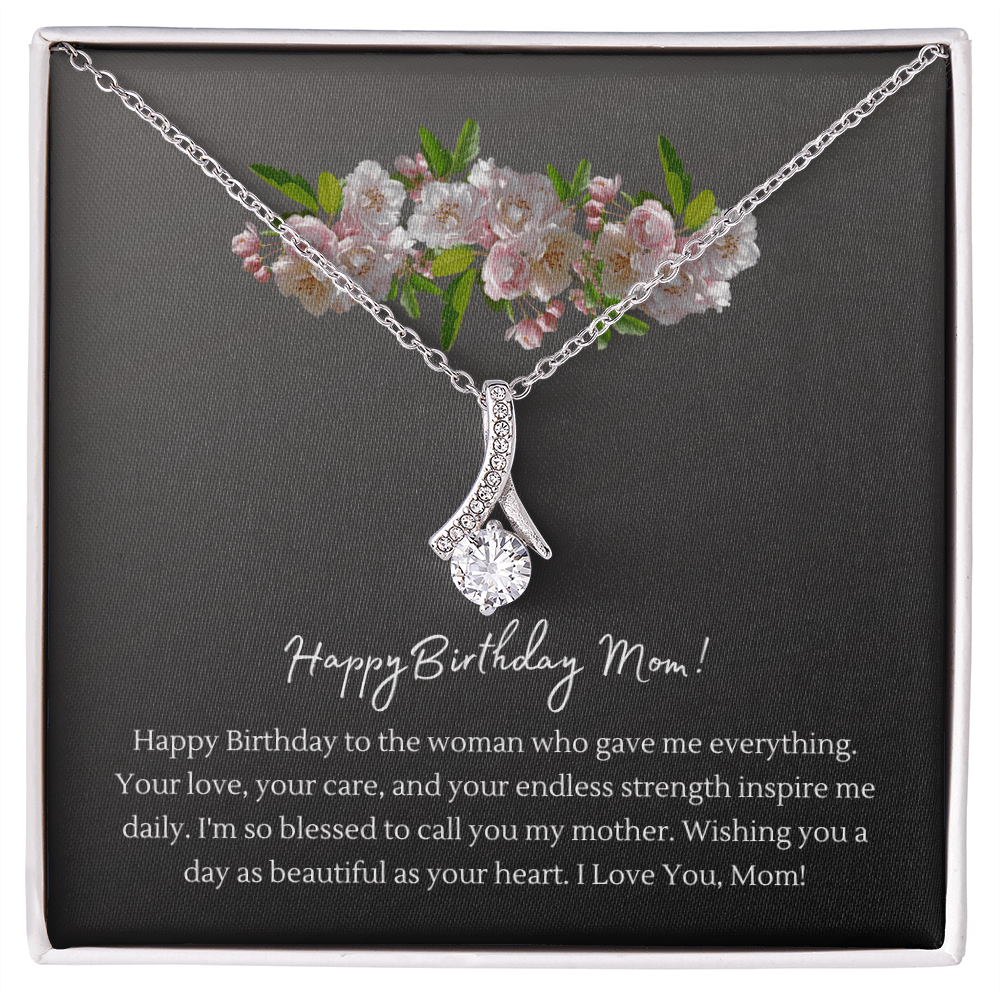 Happy Birthday Mom Necklace | Alluring Beauty Ribbon Pendant | 14K White Gold or 18K Yellow Gold | Birthday Gift for Mom