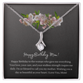 Happy Birthday Mom Necklace | Alluring Beauty Ribbon Pendant | 14K White Gold or 18K Yellow Gold | Birthday Gift for Mom
